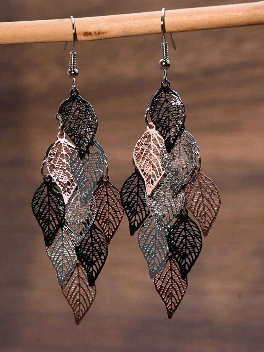 1 Pair Fashionable Retro Hollow Leaf Tassel Earrings For Women, Japanese And Korean Style - Bạc - Xem 1