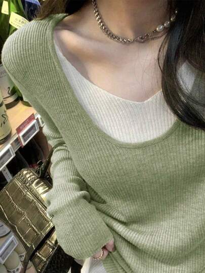 Autumn/Winter V-Neck Asymmetrical Knitted Sweater Top, Leisure Casual Undershirt For Women