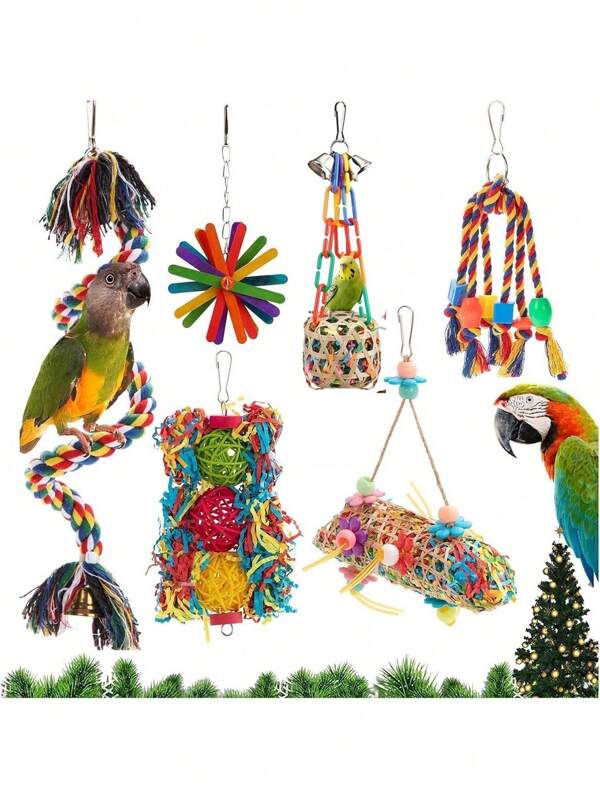 6pcs Bird Toy Set, Includes Climbing Rope, Colorful Rattan Ball, Luffa Grass For Parrots & Small Birds To Chew, Bite And Play, Assorted Colors