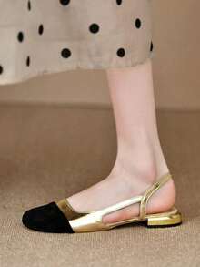 Giày sandal mũi kín cho nữ, giày đế thấp kiểu Pháp đơn giản, giày cao gót đế dày, màu sắc phong cách mùa hè mới, giày ba lê - Vàng - Xem 5