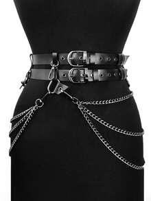 女士黑色性感 PU 皮革紧身胸衣腰带，带链条装饰，哥特式时尚配饰，适合狂欢 - 黑色 - 查看 14