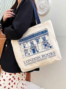 女士单肩包，伦敦书籍印花，女士休闲手提包，可重复使用，大容量，购物袋，沙滩包 - 米色 - 查看 6