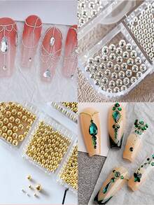 12 griglie/scatola Charm per unghie in metallo argento, oro e oro rosa, 6 dimensioni di perline di lusso piccole in acciaio per decorazioni di unghie, chiodi d'arte, accessori per unghie, gemme per unghie fai-da-te - Multicolore - Visualizzare 3