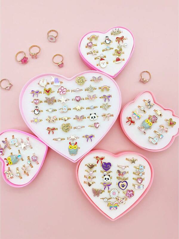 16 piezas Anillos de dibujos animados, Anillos de dibujos animados lindos, Estilo mezclado colorido y de moda, Sin caja, Color y estilo aleatorios, Caja de regalo de joyería para niñas, Regalos de fiesta, Regalos de cumpleaños
