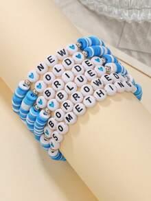 6 件优雅树脂串珠手链套装，带字母、心形、新娘元素，适合女性、新娘、日常佩戴、婚礼、订婚派对、礼物