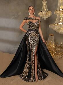 Faeriesty Faeriesty Gorgeous Beaded Sequin Evening Gown With Floral Beading Embroidery & Dramatic Slit Detail, Back Fluid Satin Overlay For High-End Parties, Black Tie Affairs & Urban Fashion Events