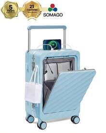 Somago 20 Inch Carry On Luggage Wide Handle Suitcase With Front Compartment 22x14x9 Aluminum Framed PC Hardside No Zipper Business Baggage With Spinner Wheels USB Charging Port TSA Lock - Màu xanh lam - Xem 1