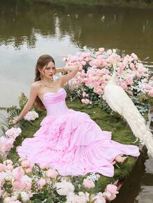 Faeriesty Váy tốt nghiệp bằng vải satin không dây sang trọng với nhiều lớp voan nhún bèo và dây buộc chéo phía sau - Váy trang trọng cho tiệc sinh nhật, tiệc cưới, dạ tiệc và sự kiện tối lãng mạn - Hồng - Xem 8