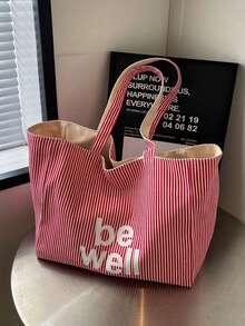 可翻转超大容量帆布手提包，撞色设计，轻便可折叠单肩包，适合通勤、购物、旅行、健身房、学校、图书馆等各种场合 - 紅白色 - 查看 3