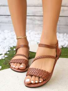 Plus Size Women's Flat Open Toe Sandals, Casual Woven Strap Lightweight Beach Sandals, Summer