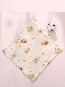 4 件新生儿方形手帕、纱布婴儿面巾、卡通婴儿口水围兜 - 米色 - 查看 5