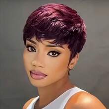 Short Grey Wig For Black Ladies Grey Pixie Wig For Black Ladies Grey Pixie Cut Short Wave Layering Wig Grey Wave Wig Short Wig (Grey) - 酒紅色 - 查看 1