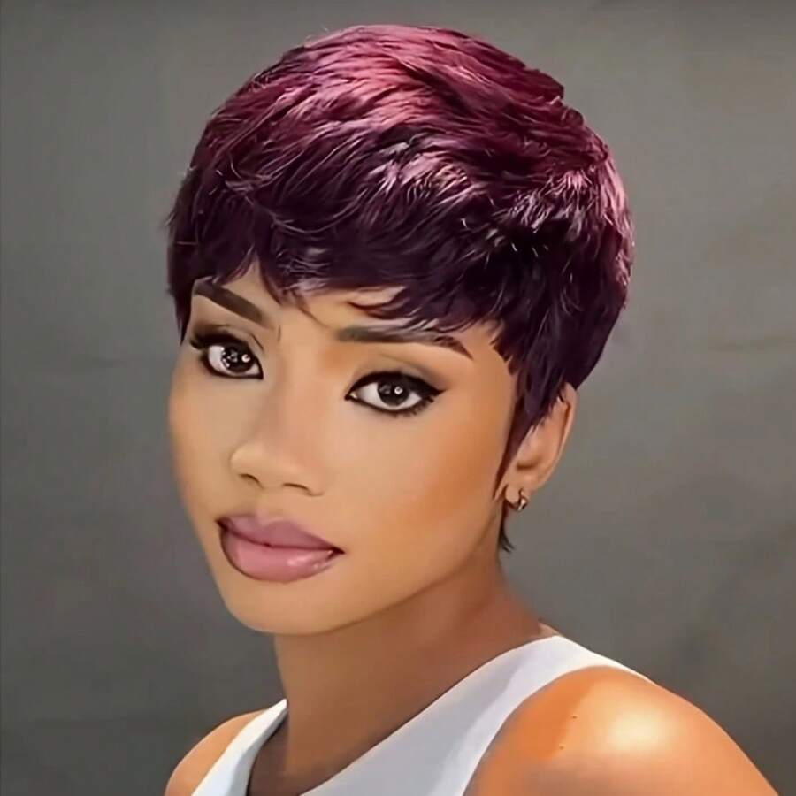 Short Grey Wig For Black Ladies Grey Pixie Wig For Black Ladies Grey Pixie Cut Short Wave Layering Wig Grey Wave Wig Short Wig (Grey) - 酒紅色 - 查看 1