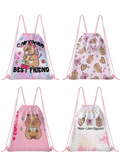 Kids' Capybara Pattern Drawstring Bag - Teens Girls Sport Gym Swim Travel Work Hiking Daypack Bag, Lightweight & Durable, Cute Designs Basketball,Football Print - Perfect For School, Sports, Travel, And Toy Storage
