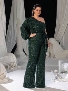 单肩亮片连体裤，灯笼袖设计，配有可调节腰带和阔腿裤 | 奢华魅力正式设计 | 完美适用于婚礼、晚宴、派对招待会和高端庆典 | 圣诞节配套服装