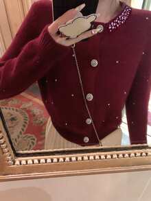Alicedudu Cardigan col rond style vintage avec décoration de strass pour femmes, ambiance festive, convient pour l'automne/l'hiver - Rouge foncé - Voir 4