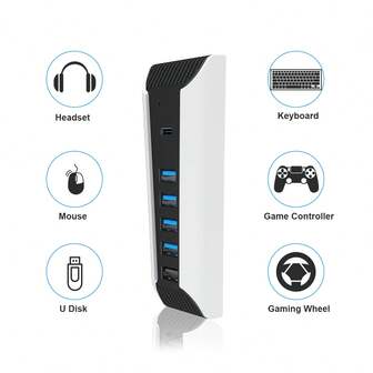 TOPWOLF USB2.0 集线器适用于 PS 5 Pro 3 USB2.0 +2 Type-C，USB2.0 集线器适用于 PS 5 Slim 支持 4 USB2.0，USB2.0 集线器适用于 PS 5 Slim 5 合 1 USB 集线器