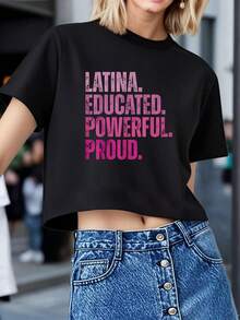 Latina Women's Educated Powerful Proud Crop Tee Shirt Exposed Navel T-Shirt , Women's New Summer Casual Crew Neck Pure Cotton Short-Sleeved T-Shirt(1 PC) - Black - View 1