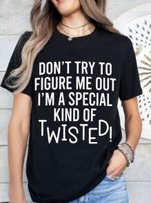 Camiseta casual de verano para adultos con cuello redondo, 100% tela de punto de poliéster, con estampado de letras retorcidas, elástica, unisex- "No intentes entenderme"