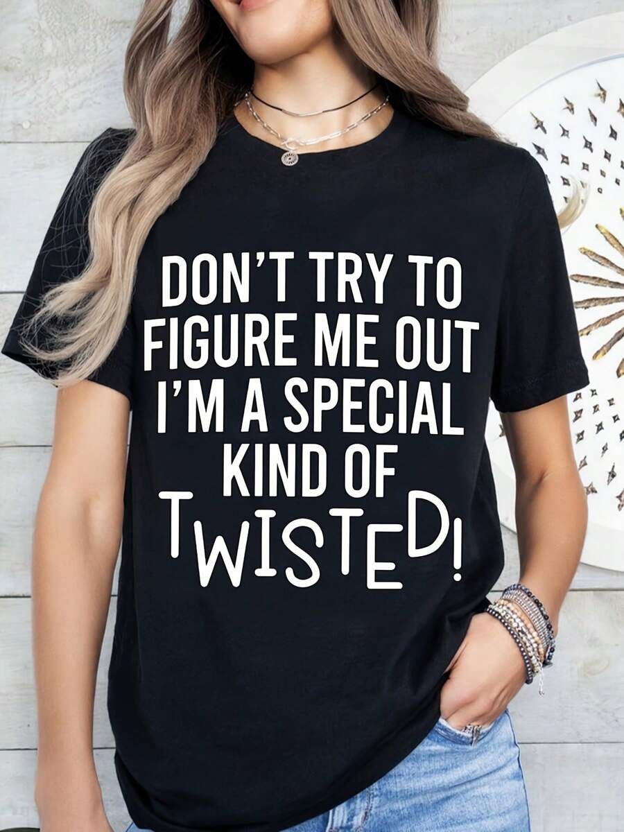 Camiseta casual de verano para adultos con cuello redondo, 100% tela de punto de poliéster, con estampado de letras retorcidas, elástica, unisex- "No intentes entenderme"