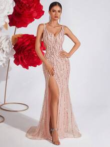 ADYCE Sequin Strap V-Neck Maxi Prom Dress High Waist Backless Criss-Cross Tie Up Back Banquet Party Evening Dress