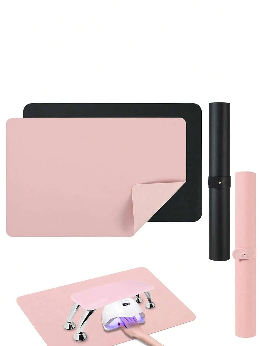 1-Piece Nail Table Mat, Soft Ultra-Fine Fiber PU Leather Nail Mat, Foldable Nail Rack Mat, Reusable Table Nail Mat, Acrylic Nail Mat (Pink, Black)