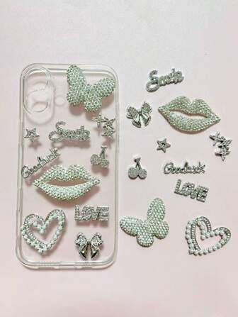10Pcs/Set Sweet Cool Luxury Designer Bling Silvery Wishing You Good Luck Letter Full Diamond Shining Mouth Butterfly Hollow Pearl Heart Star Bow Cherry Resin Charm Smile Love Words Junk Phone Case Computer Storage Box Makeup Mirror Water Bottle Home Decoration Charms Accessories Kawaii Diy Hairpin Shoe Buckle Crafts