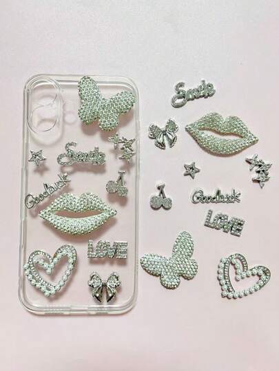 10Pcs/Set Sweet Cool Luxury Designer Bling Silvery Wishing You Good Luck Letter Full Diamond Shining Mouth Butterfly Hollow Pearl Heart Star Bow Cherry Resin Charm Smile Love Words Junk Phone Case Computer Storage Box Makeup Mirror Water Bottle Home Decoration Charms Accessories Kawaii Diy Hairpin Shoe Buckle Crafts