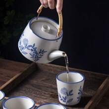 Vintage Japanese Handle Teapot Hand-Painted Household Cold Water Teapot Brewing Teapot Retro Rough Pottery Tea Cup Tea Set (1set, 450ML)
