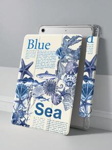 Beautiful Blue Starfish Shell Crab Puzzle Style Pattern Transparent Silicone Shock-Absorbing Bracket With Pen Slot, Suitable For Galaxy Tab A8 10.5, S6 Lite 10.4, S7/S8/S9Inch. It Supports Sleep Awakening As A Holiday Gift