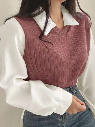 2 In 1 French Knit Patchwork Shirt, Unique Design Long Sleeve Blouse