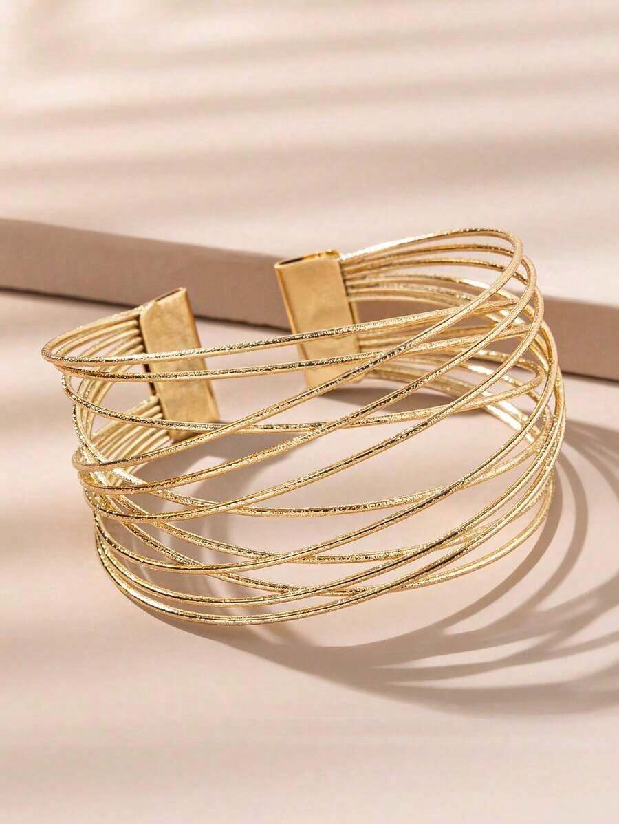 1pc Fashionable Women's Multi-Layered Crossed Pure Metal Decor Open Bangle - 黃金 - 查看 1