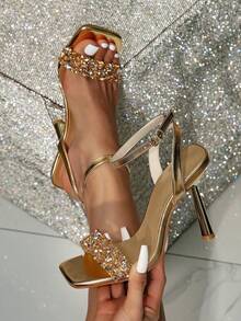 Women's Fashion Square Toe Gold Rhinestone Decor Transparent Glamorous High Heel Party Sandals, Suitable For Outdoor Occasions - Gold - View 1