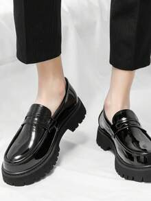 男士正装皮革正装鞋，青少年时尚厚底增高运动鞋，英伦风格乐福鞋，婚礼商务休闲日常男士正装/商务正装鞋 - 亮黑色 - 查看 4