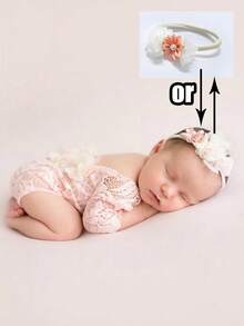 2Pcs Newborn Baby Photography Outfit Set - Chiffon Flower Lace Decor Dress & Pearl Headband For Girls, 70cm And Under - Multicolor - View 7
