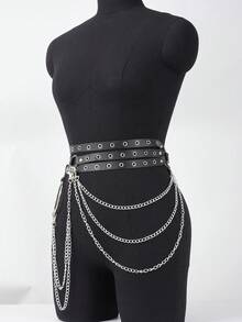 女士黑色性感 PU 皮革紧身胸衣腰带，带链条装饰，哥特式时尚配饰，适合狂欢 - 黑色 - 查看 10
