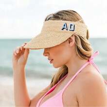Embroidered Straw Visor - Shadow Monogram // Personalized Straw Visor, Monogram Beach Hat, Bridesmaid Gift, Beach Visor, Bachelorette Party - Khaki - View 8