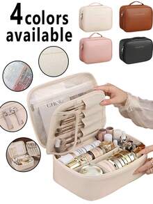Large Capacity Spacious Double Layer Cosmetic Bag, PU Leather Waterproof Cosmetic Bag, Cosmetic Storage Bag, Lightweight Toiletries Cosmetic Bag, Large Capacity Toiletries Bag With Dividers, Cosmetic Travel Bag, Multifunctional Travel Storage Bag Make Up Bag