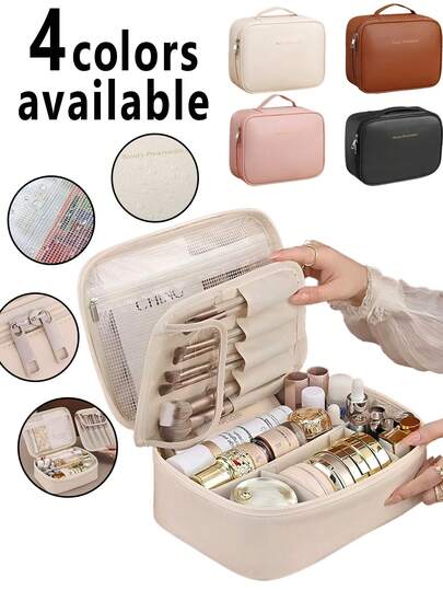 Large Capacity Spacious Double Layer Cosmetic Bag, PU Leather Waterproof Cosmetic Bag, Cosmetic Storage Bag, Lightweight Toiletries Cosmetic Bag, Large Capacity Toiletries Bag With Dividers, Cosmetic Travel Bag, Multifunctional Travel Storage Bag Make Up Bag