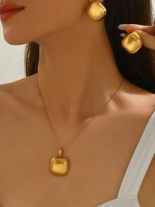 1 套女士时尚不锈钢闪亮几何设计首饰套装，适合女性通勤风格 - 金黃色 - 查看 1