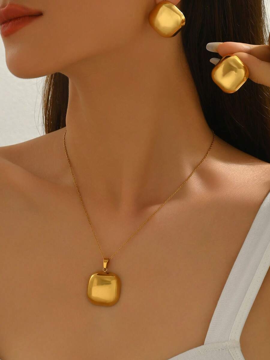 1 套女士时尚不锈钢闪亮几何设计首饰套装，适合女性通勤风格 - 金黃色 - 查看 1