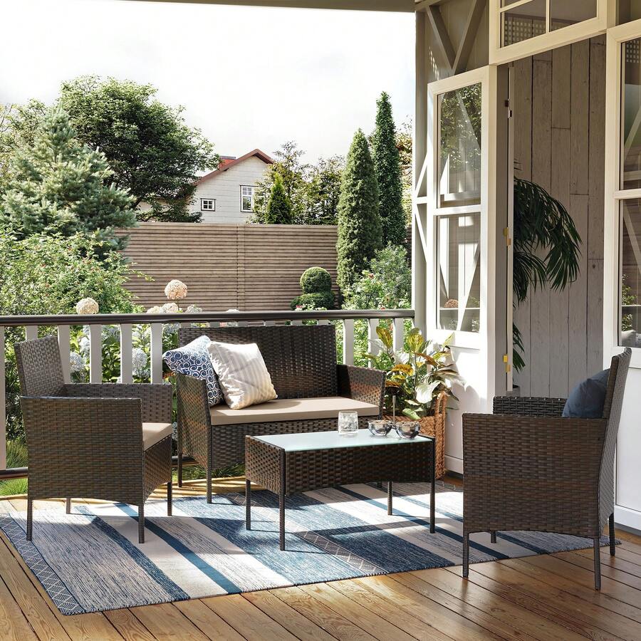 Salon de Jardin Extérieur, Ensemble de Mobilier, Surface Tressée en PE, Table et Chaises, pour Terrasse, Jardin, Balcon, Marron et Taupe - Tabac - Voir 1