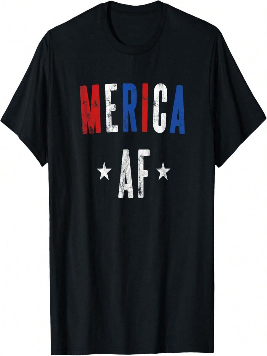 Vintage Merica AF Patriotic 4th Of July T-Shirt For Men & Women - 100% Cotton Distressed American Flag Graphic Tee, Regular Fit Short Sleeve Casual Shirt, Machine Washable All-Season Comfort,100% Pure Cotton Short Sleeved Shirt, Essential For Summer And Spring, Loose Casual Round Neck, Men's Letter Printed T-Shirt, Suitable For Sports Enthusiasts - Black - View 1