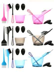 Juego de 6 piezas de accesorios para teñir el cabello que incluye: cepillo, tazón, aplicador, peine, orejeras y mezclador. Ideal para coloración, decoloración y aplicación de tinte en salones profesionales y uso doméstico.