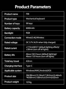 AULA F98 Three-Mode Mechanical Keyboard, 99-Key Arrangement, 19 Kinds Of RGB Lighting Effects, Shaft Body Hot-Swappable, Compatible With Windows, IOS And Systems, Large Battery Capacity, Suitable For Daily Office And E-Sports Games, And Can Be Connected To Notebooks/Computers And Other Devices.