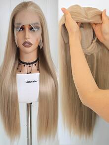 13x4 蜜金色蕾丝前假发，长直蜜金色棕色合成假发，自然发际线，适合黑色/浅色头发，耐热纤维，适合日常佩戴（蜜金色）。 - 金色 - 查看 3