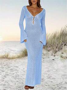 Womens Crochet Maxi Cover Up Dress Long Sleeve Bodycon Summer Swimwear Beach Knit Dresses - 藍色 - 查看 1