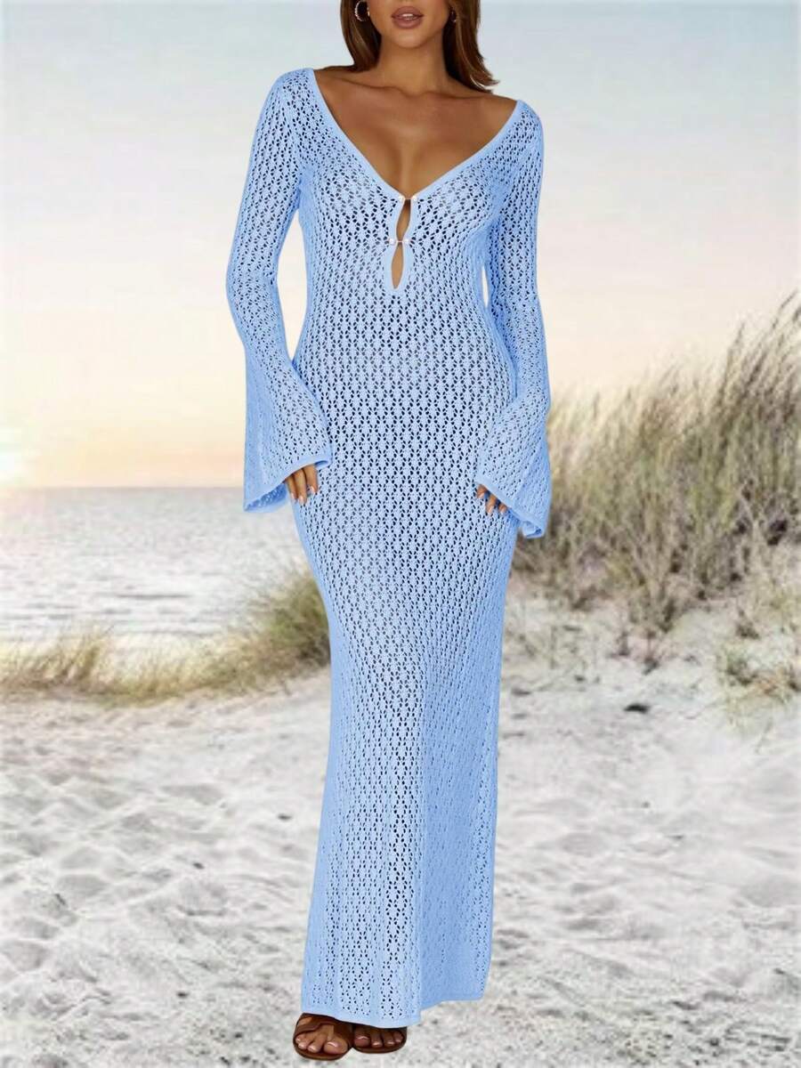 Womens Crochet Maxi Cover Up Dress Long Sleeve Bodycon Summer Swimwear Beach Knit Dresses - 藍色 - 查看 1