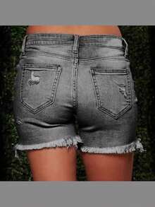 女士时尚前卫破洞下摆弹力牛仔短裤（夏季） - 黑灰色 - 查看 2
