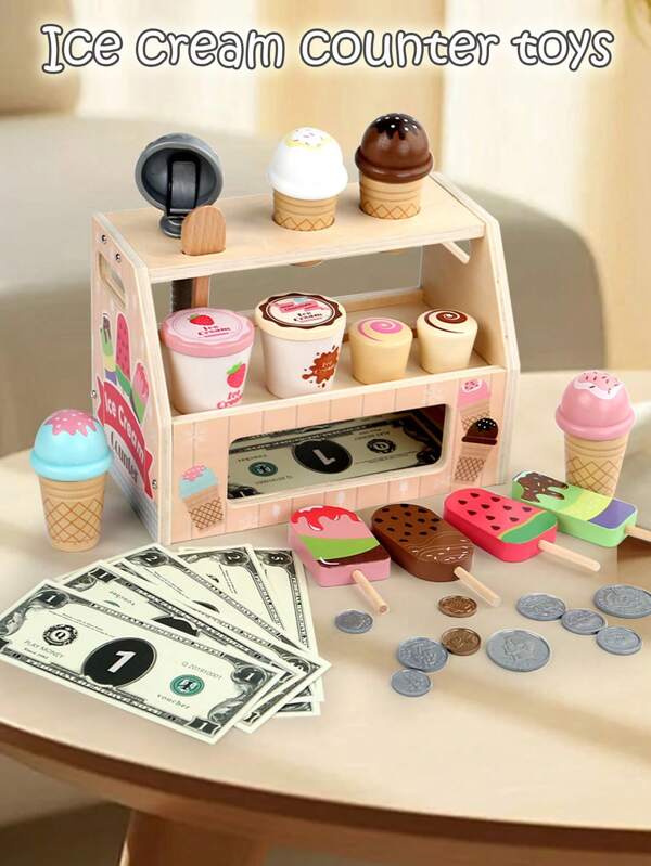Jeu de simulation de maison de jeu pour enfants, magasin de crème glacée, comptoir de caisse de cantine. Jouets en bois pour le jeu de rôle, jouets de maison interactive pour l'éducation précoce